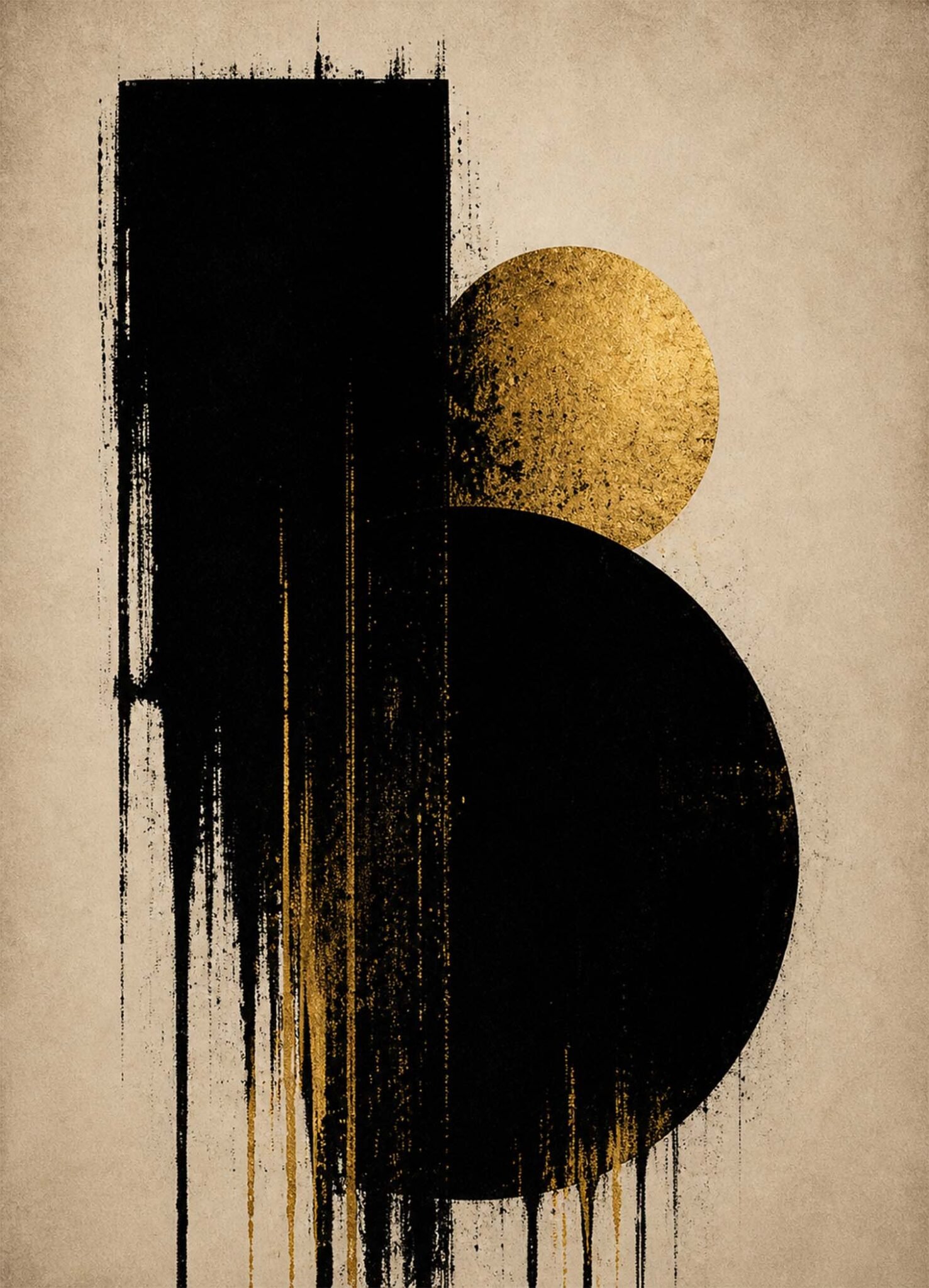 Affiche représentant composition abstraite minimaliste avec rectangle noir, cercle doré et formes circulaires noires sur fond beige texturé