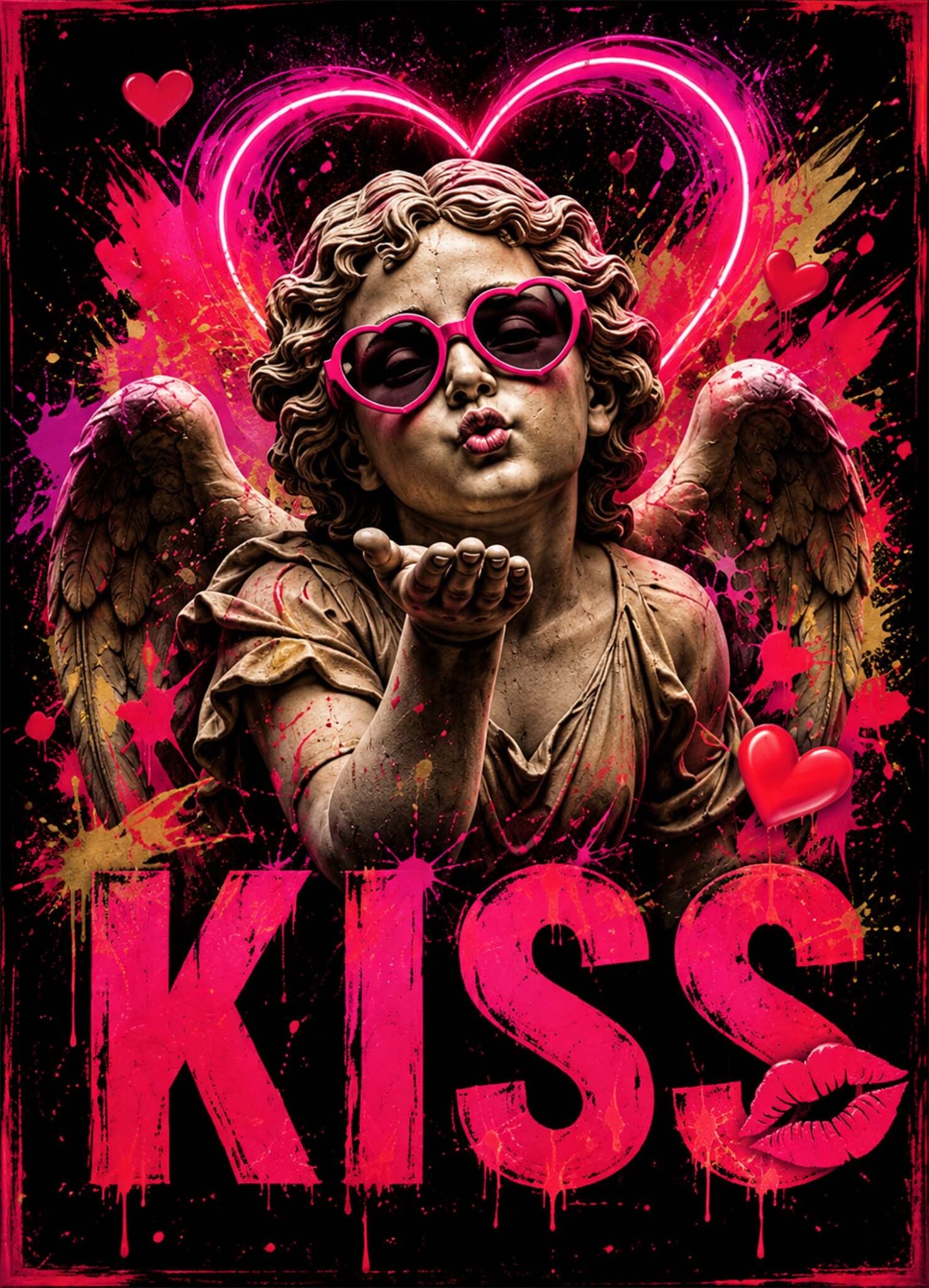 Affiche représentant ange classique portant des lunettes roses et envoyant un baiser, devant un grand cœur néon rose, des roses et le mot KISS