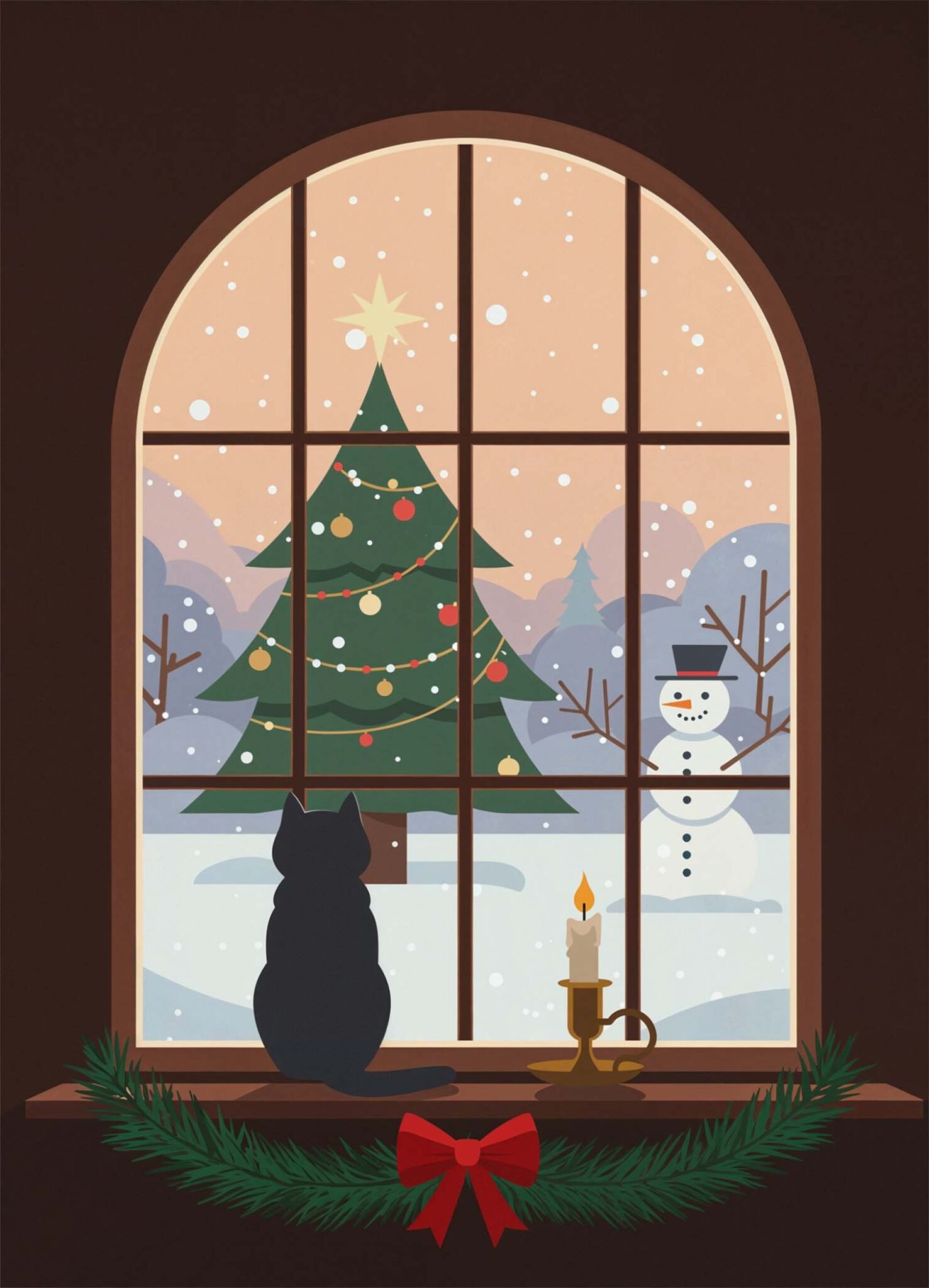 Affiche représentant chat noir assis devant une fenêtre arrondie donnant sur la neige, avec sapin de Noël illuminé, bougie et branches décorées