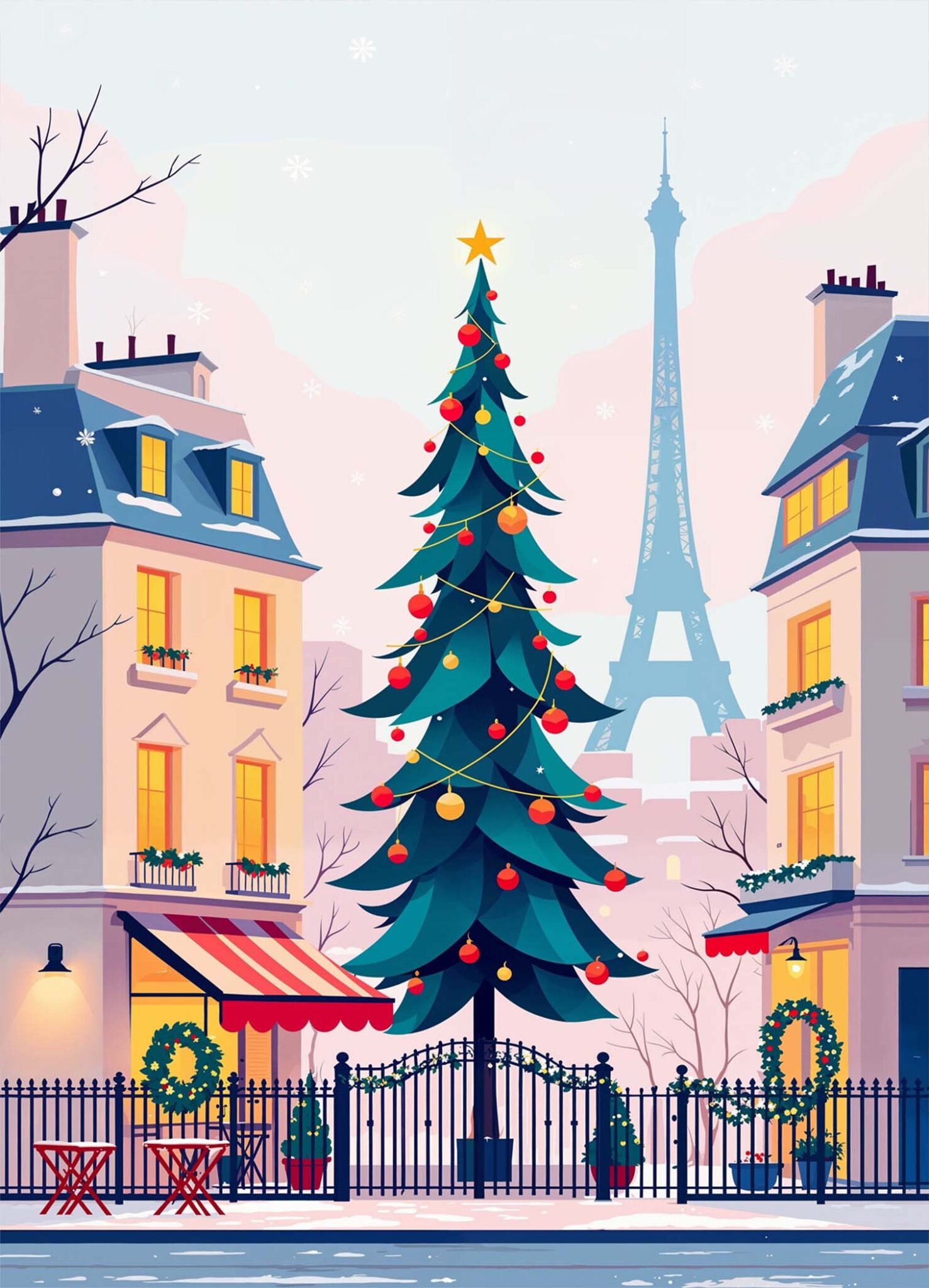 Affiche représentant place parisienne enneigée avec grand sapin de Noël illuminé, immeubles pastel et Tour Eiffel en arrière-plan