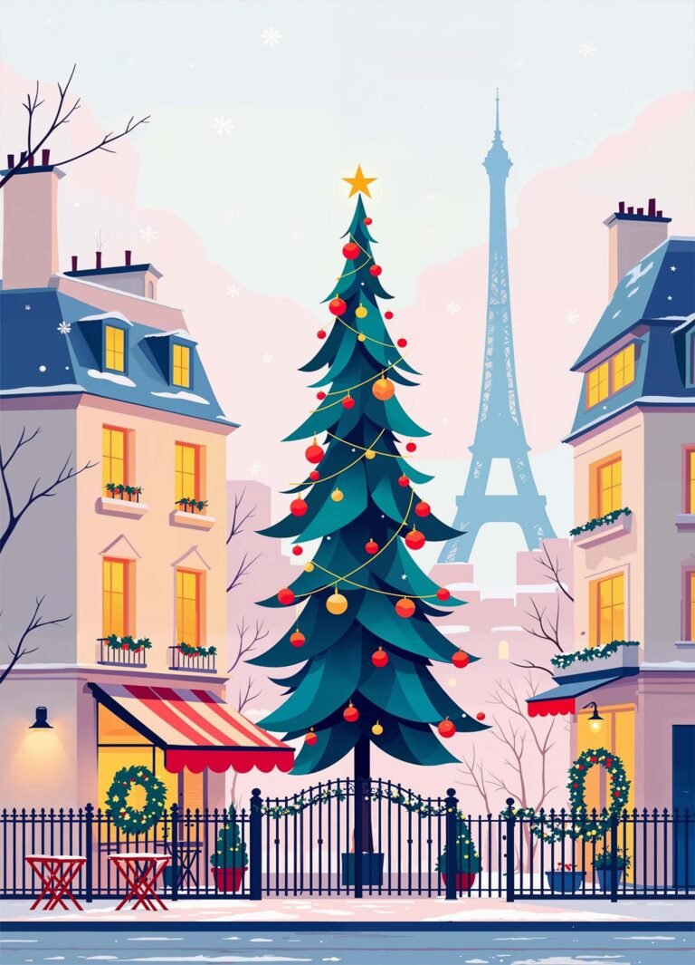 Affiche représentant place parisienne enneigée avec grand sapin de Noël illuminé, immeubles pastel et Tour Eiffel en arrière-plan