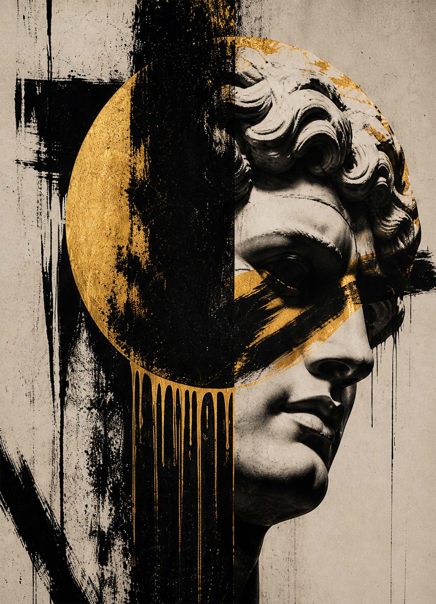 Affiche statue antique noire et dorée pour salon