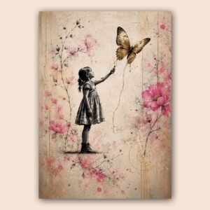 Affiche fillette et papillon doré pour chambre