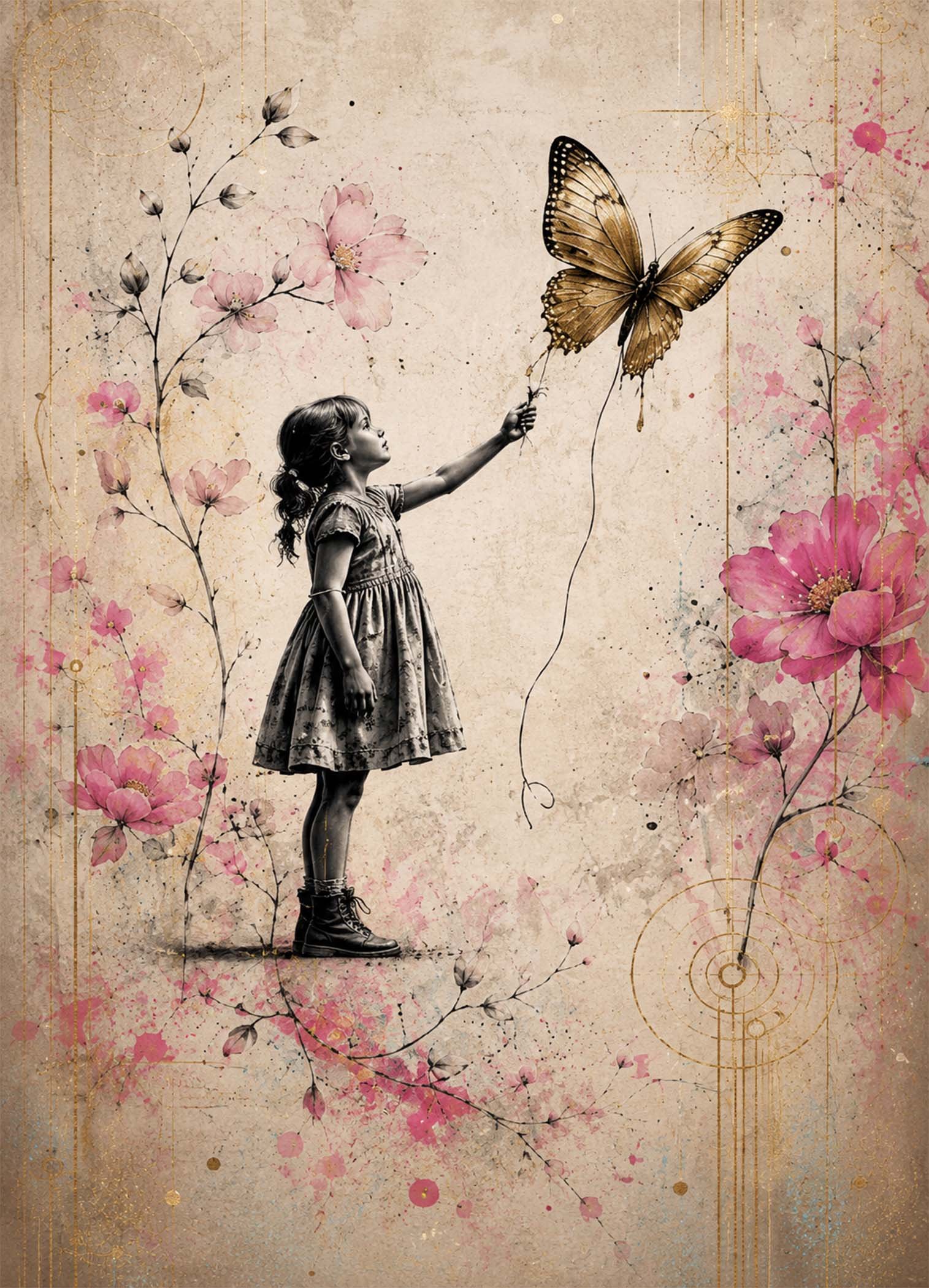 Affiche fillette et papillon doré pour chambre