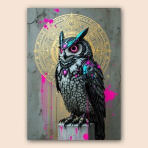 Affiche hibou futuriste néon pour bureau