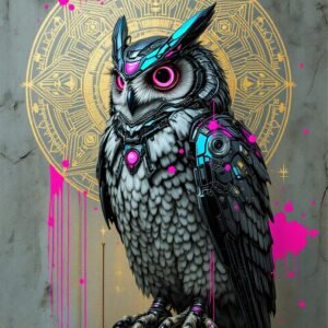 Affiche hibou futuriste néon pour bureau