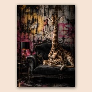 Affiche girafe sur canapé baroque pour salon