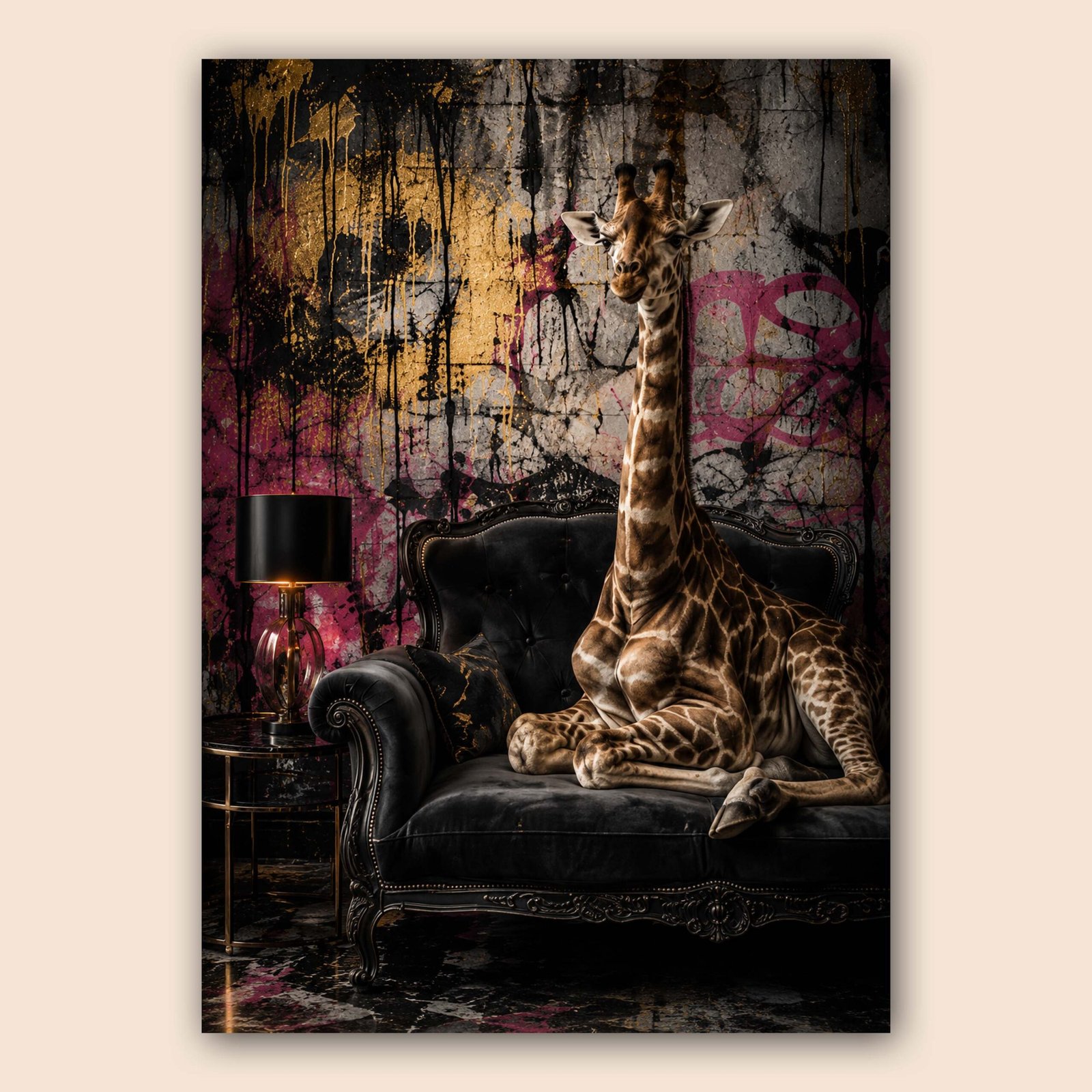 Affiche girafe sur canapé baroque pour salon – Image 2