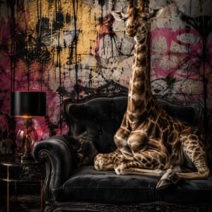 Affiche girafe sur canapé baroque pour salon