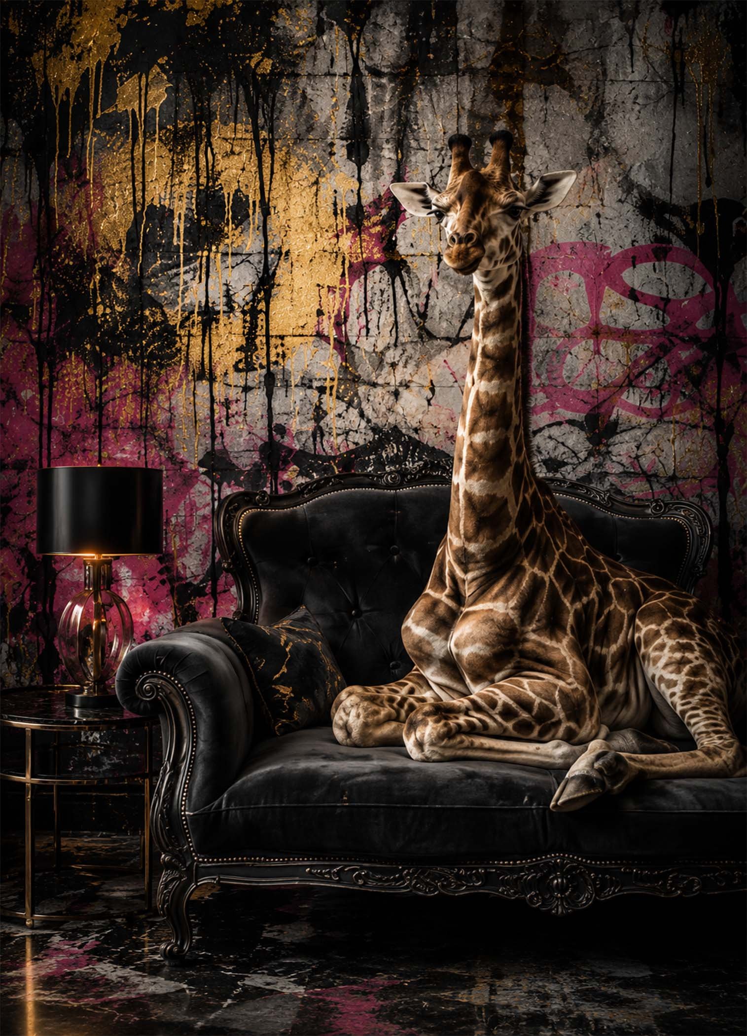 Affiche girafe sur canapé baroque pour salon