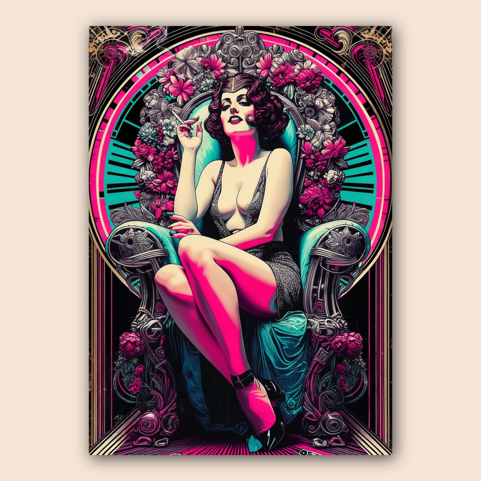 Affiche d'une femme glamour entourée de fleurs