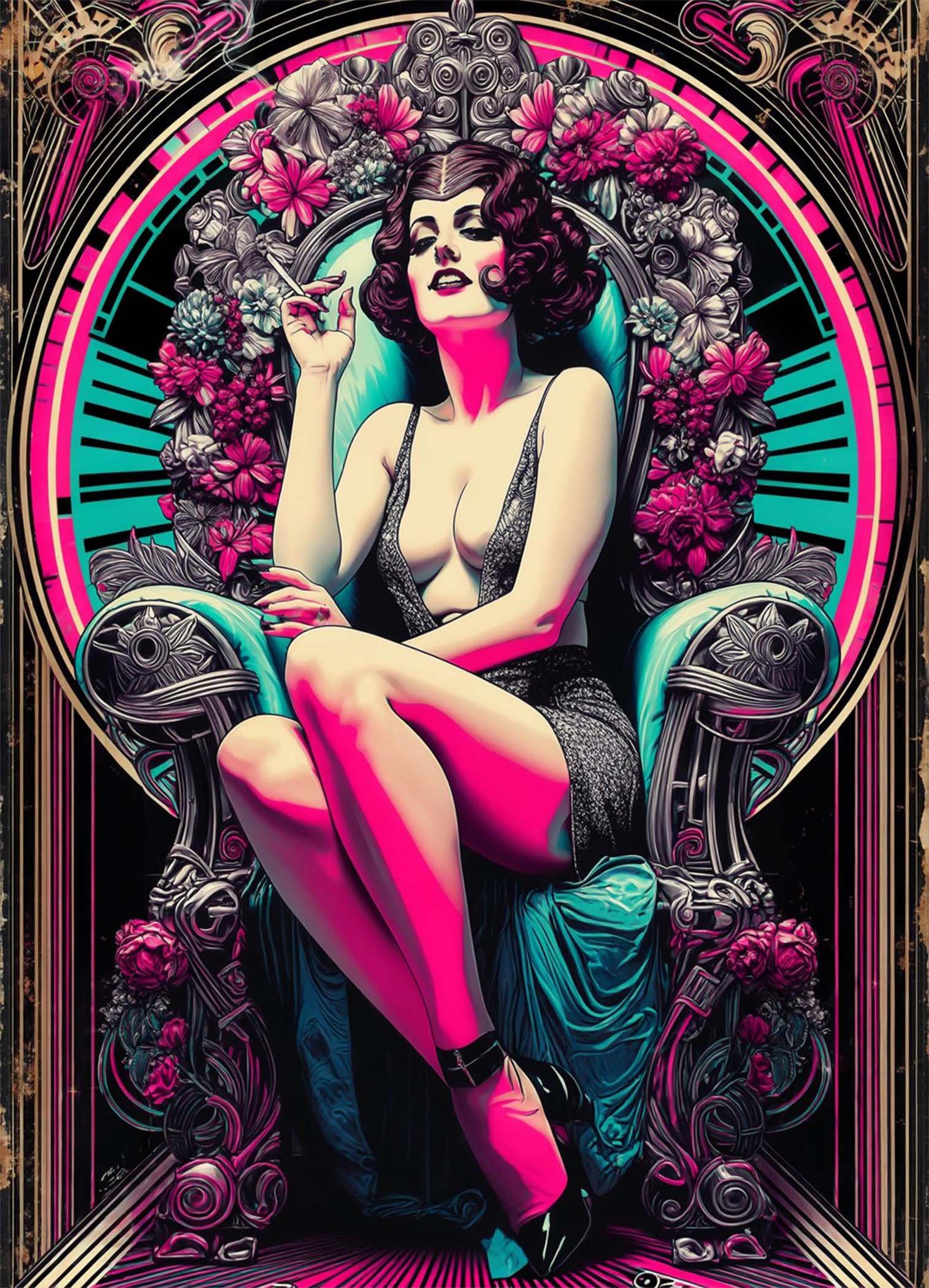 Affiche d'une femme glamour entourée de fleurs