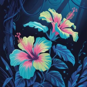 Affiche murale représentant des hibiscus colorés sur fond noir