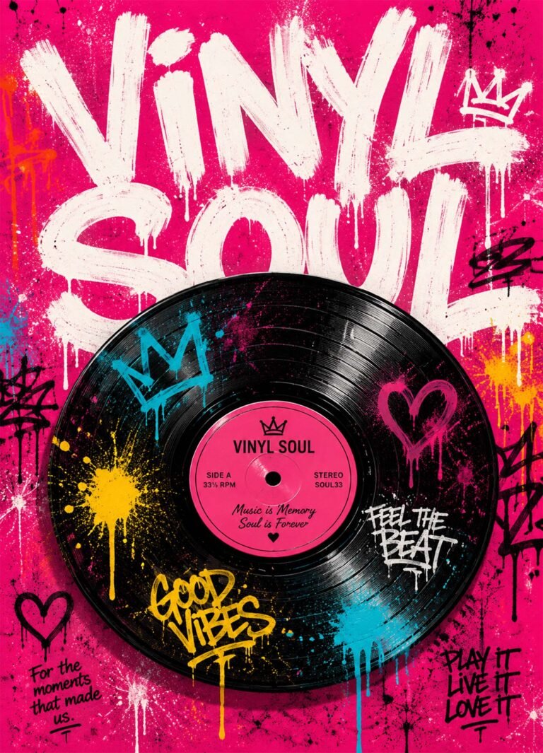 Affiche représentant grand disque vinyle noir sur fond rose fuchsia couvert de graffiti, de cœurs et des mots Vinyl Soul