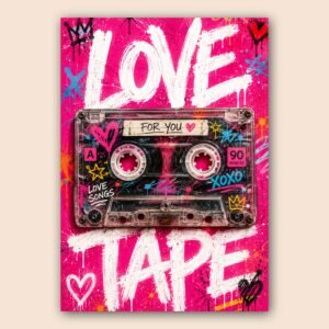 Affiche murale d'une cassette audio sur fond rose