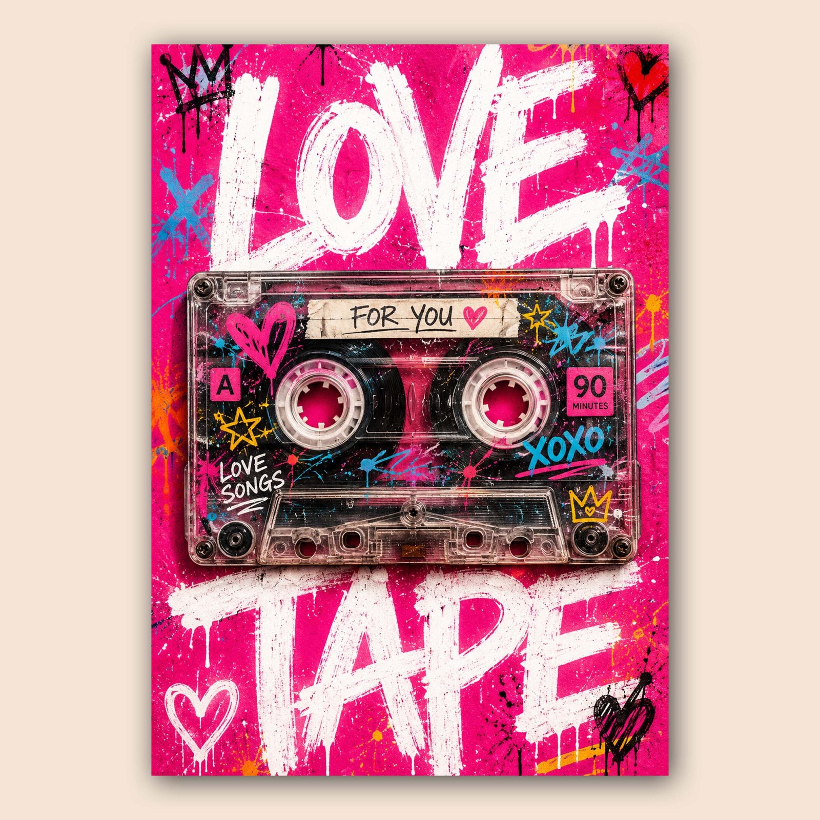 Affiche murale d'une cassette audio sur fond rose
