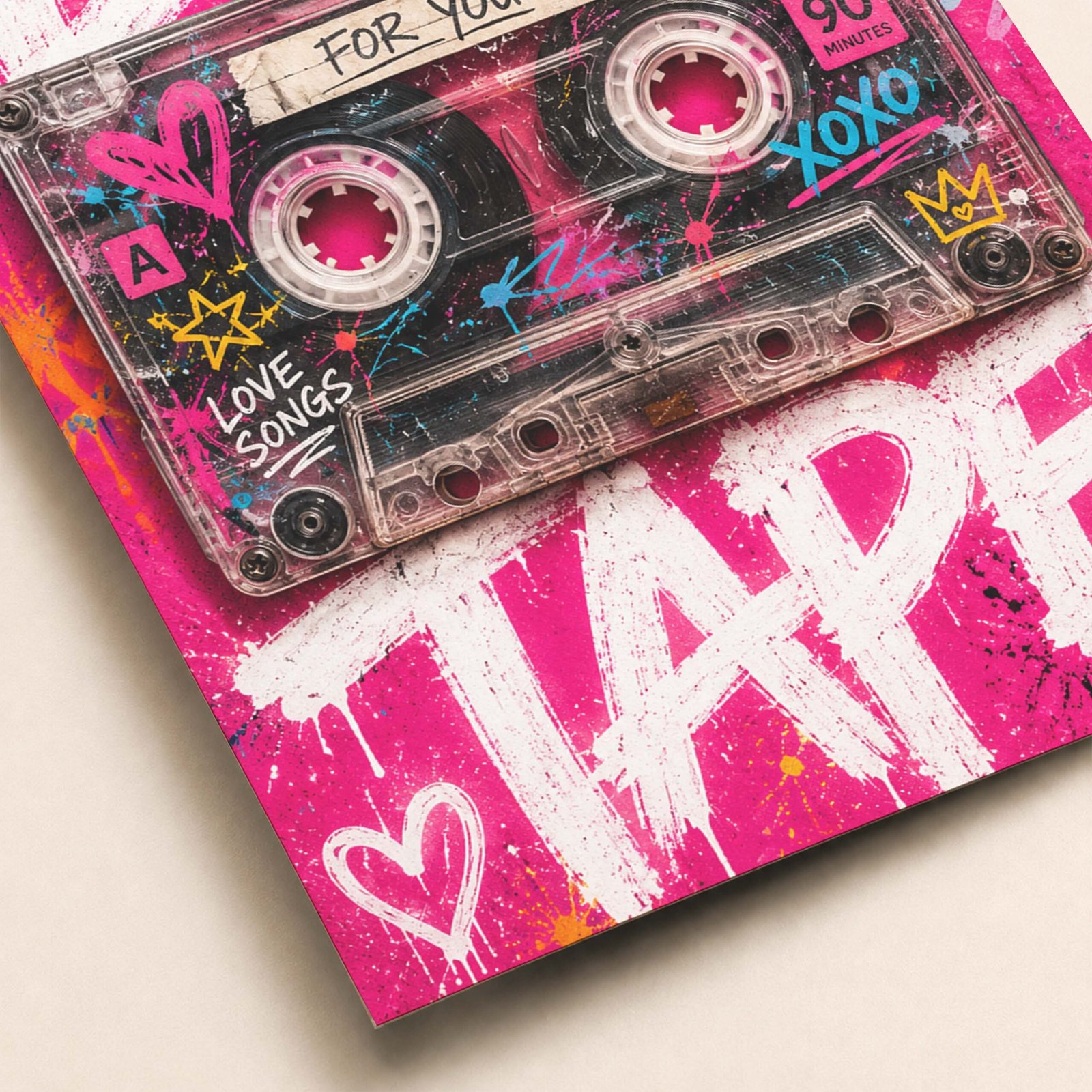 Affiche murale d'une cassette audio sur fond rose
