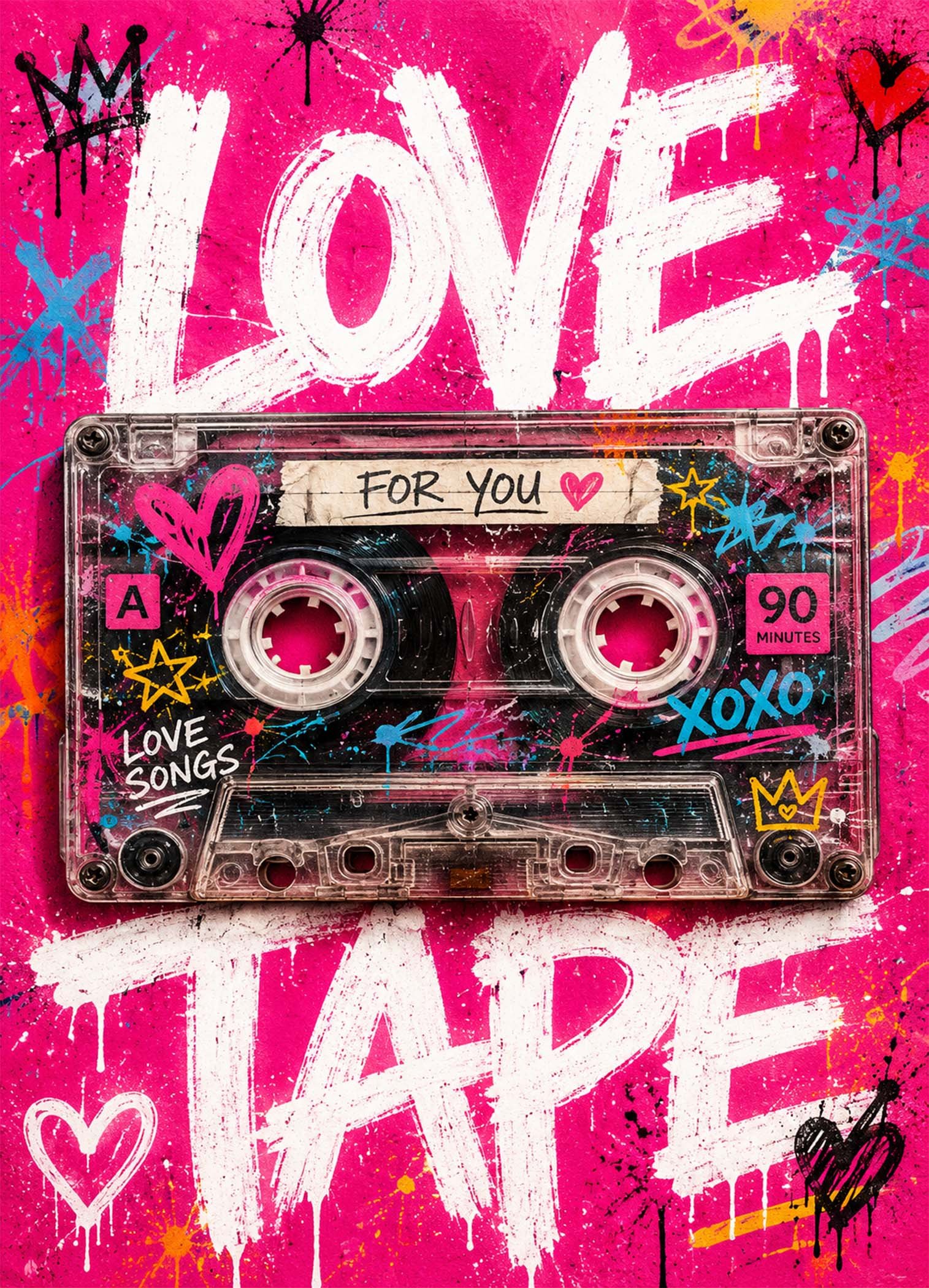 Affiche murale d'une cassette audio sur fond rose