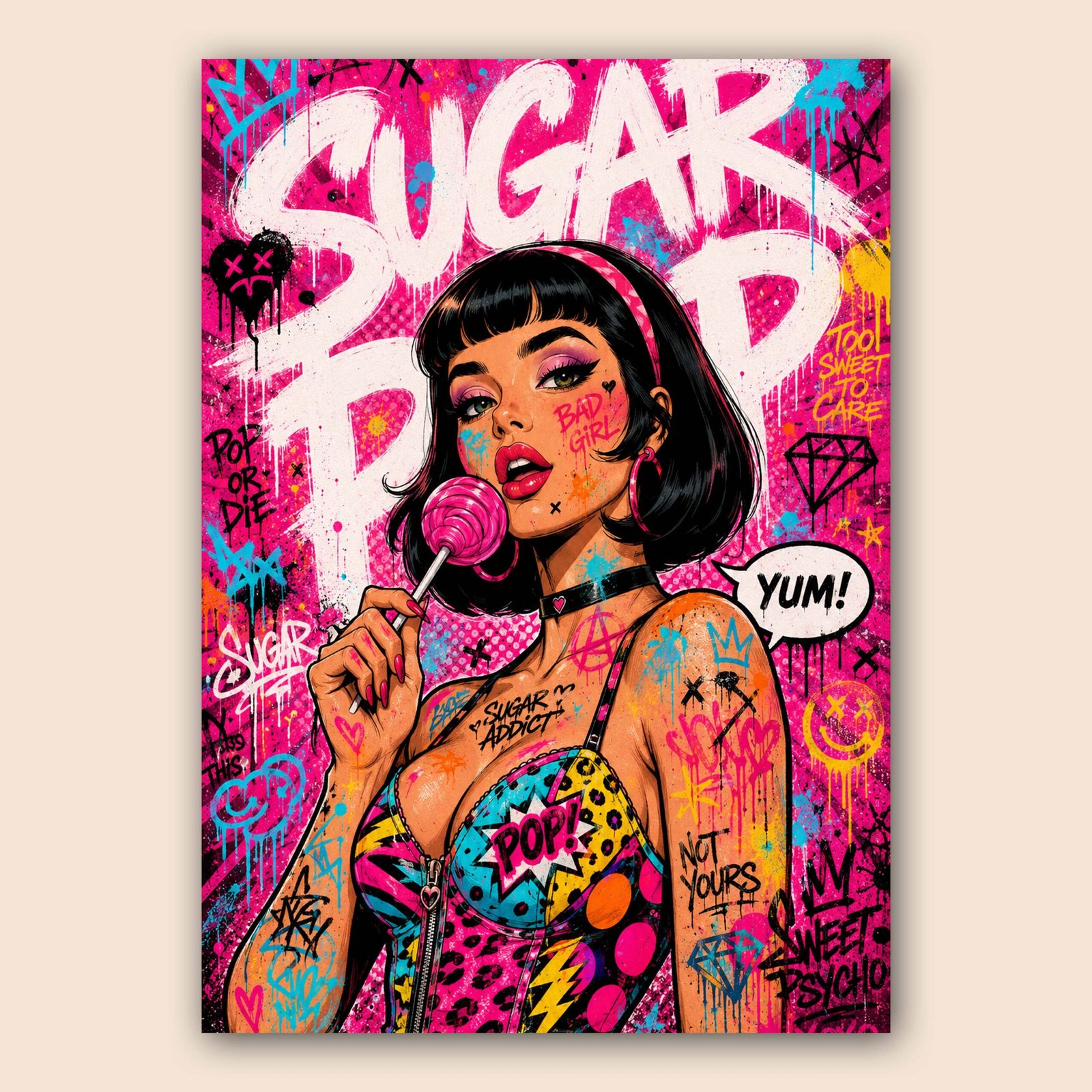 Affiche d'une femme avec une sucette dans un style pop art