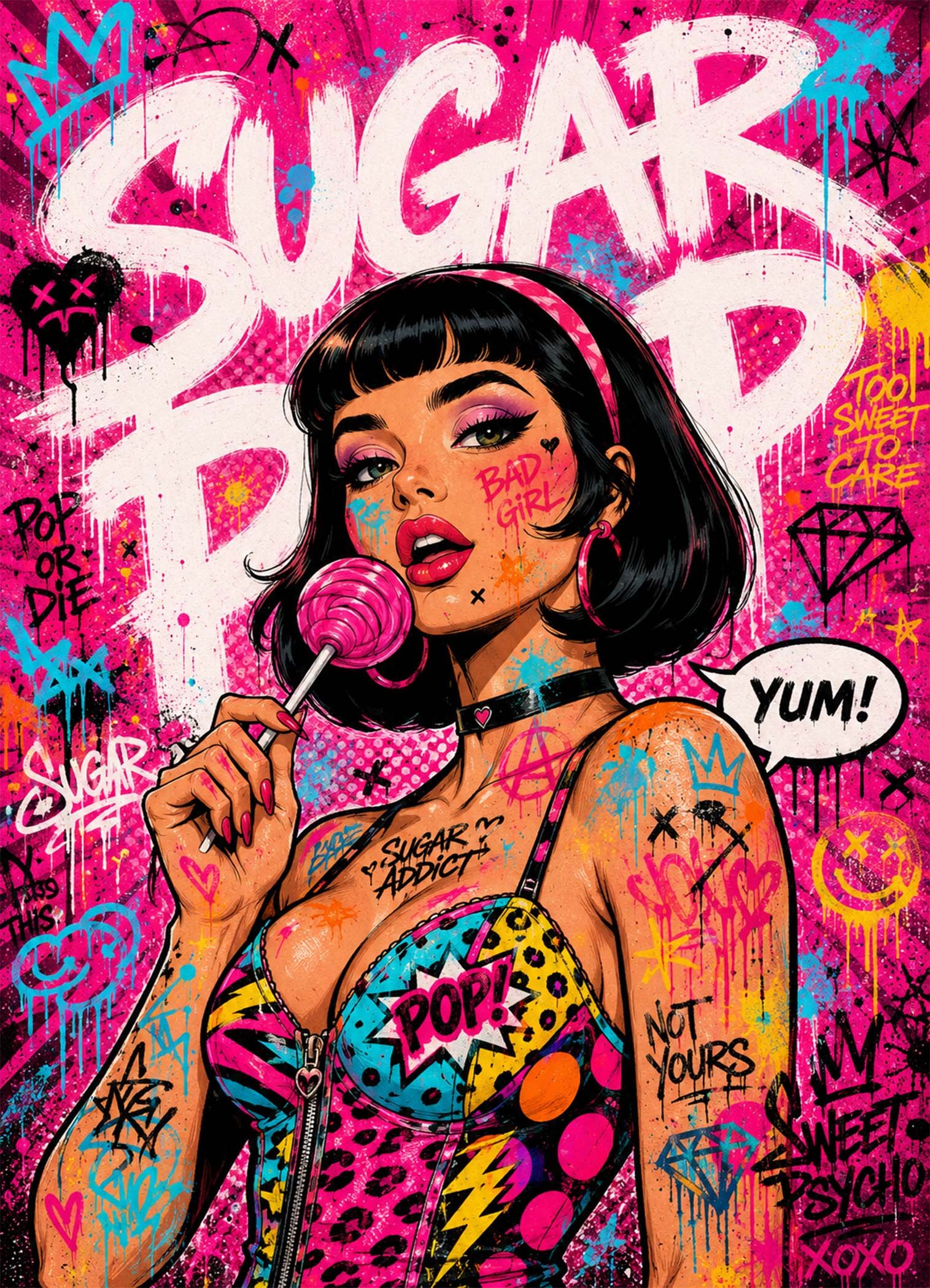 Affiche d'une femme avec une sucette dans un style pop art