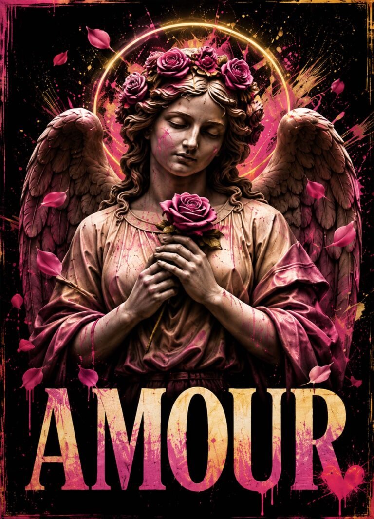 Affiche représentant ange classique tenant une rose, entouré de roses fuchsia, d’un halo doré et du mot AMOUR sur fond noir