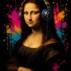 Mona Lisa avec écouteurs dans un style pop art