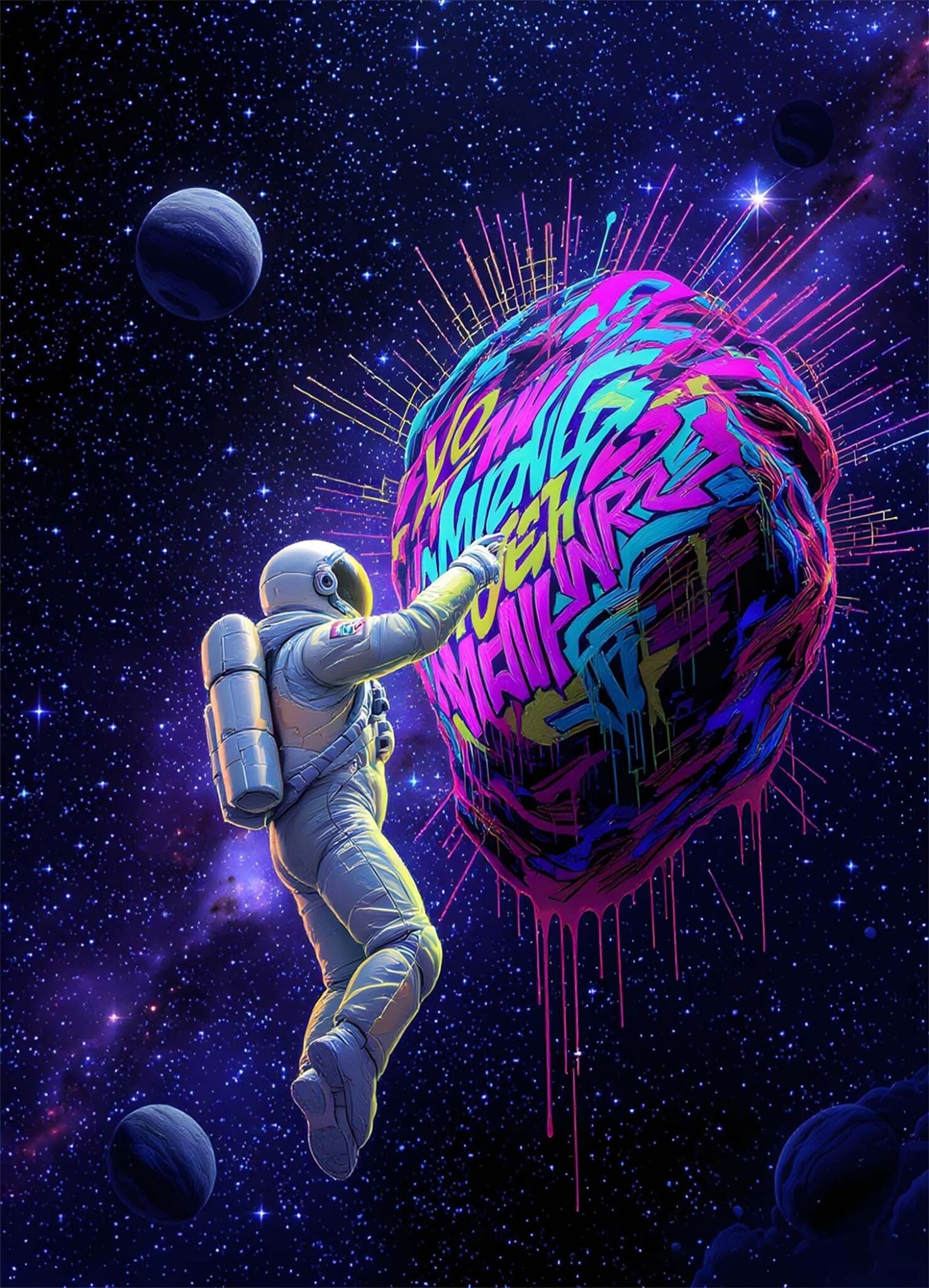 Affiche représentant astronaute avec bombe de peinture devant une planète couverte de graffiti néon rose, violet et turquoise dans l’espace