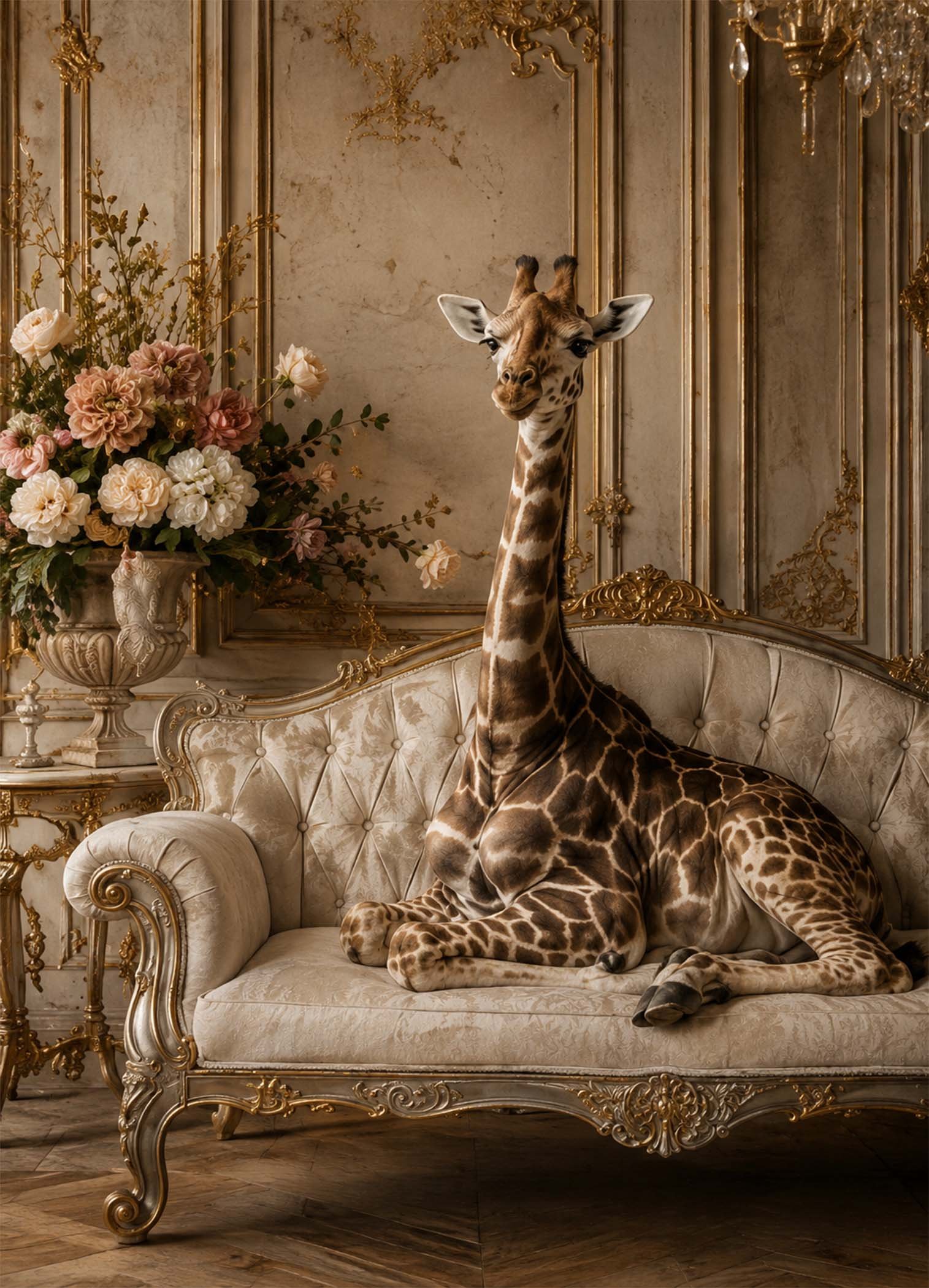 Affiche murale d'une girafe sur un canapé élégant