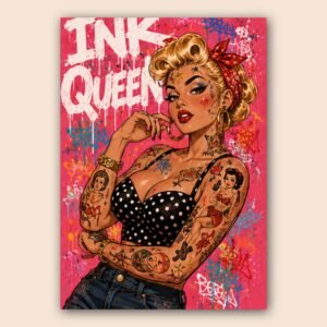 Affiche murale d'une femme tatouée sur fond rose