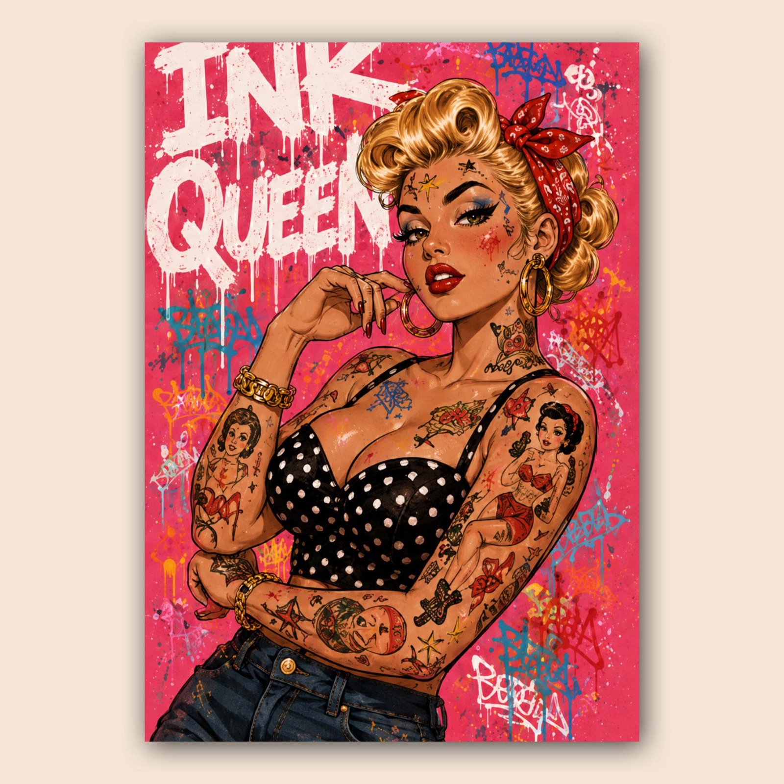 Affiche murale d'une femme tatouée sur fond rose