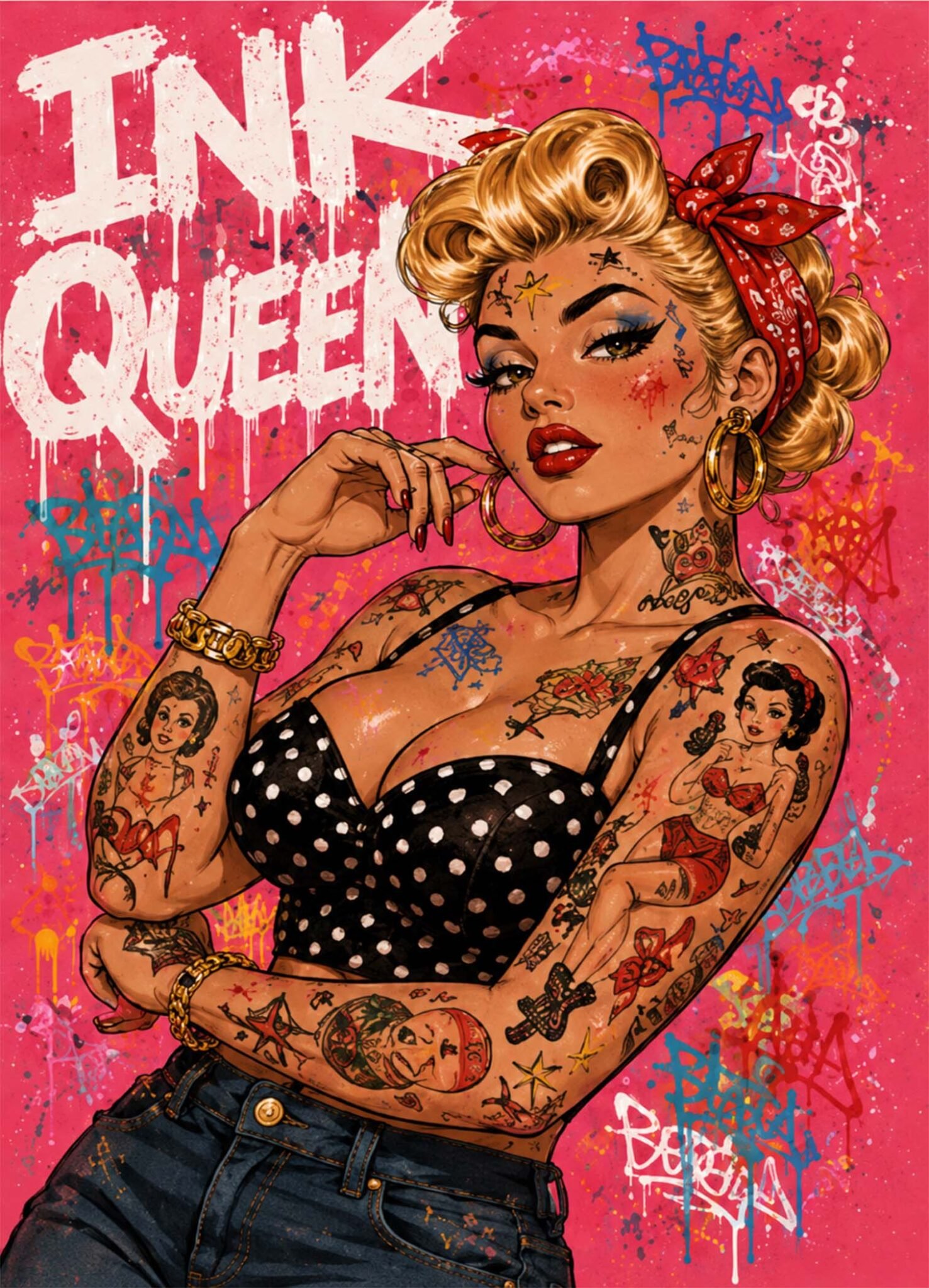 Affiche représentant pin-up blonde tatouée en robe noire à pois et foulard rouge devant un fond rose et rouge couvert de graffiti, avec le texte Ink Queen