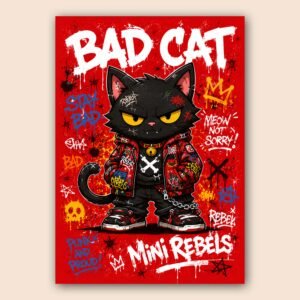 Affiche murale d'un chat au style rebelle sur fond rouge