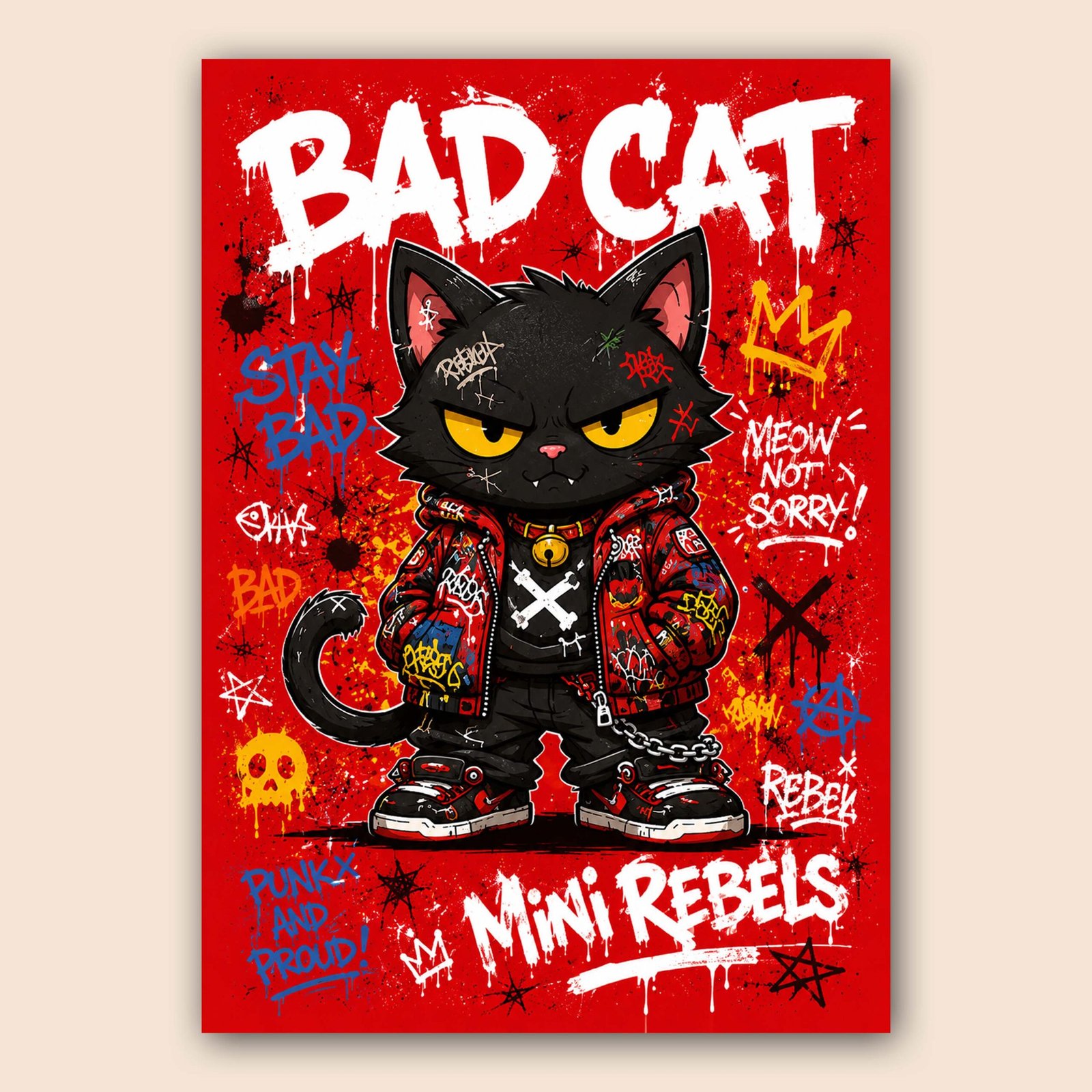 Affiche murale d'un chat au style rebelle sur fond rouge