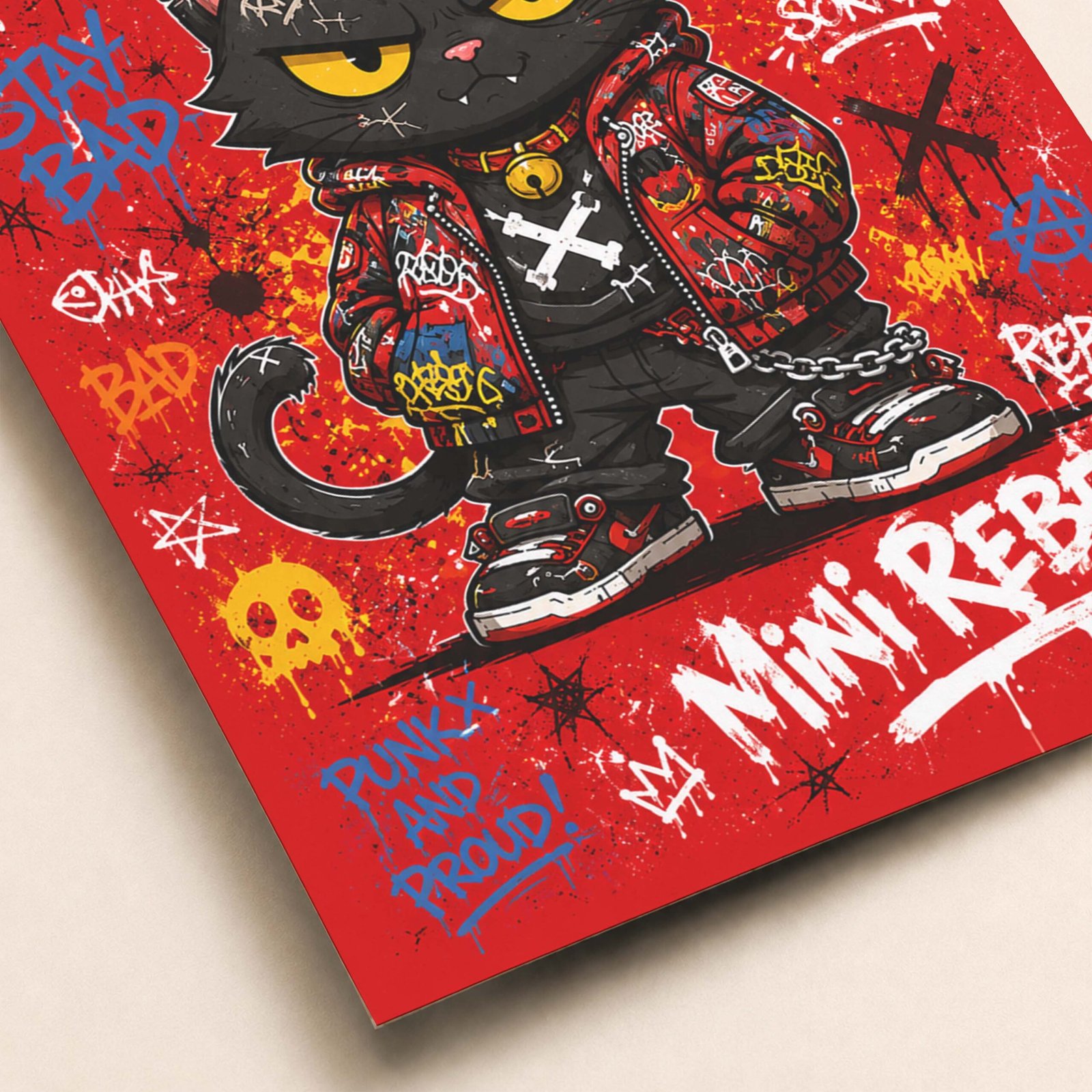 Affiche murale d'un chat au style rebelle sur fond rouge