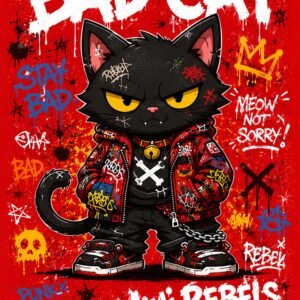 Affiche murale d'un chat au style rebelle sur fond rouge