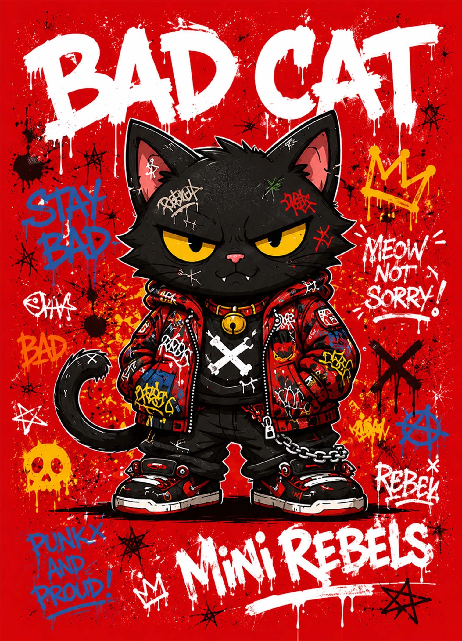 Affiche murale d'un chat au style rebelle sur fond rouge