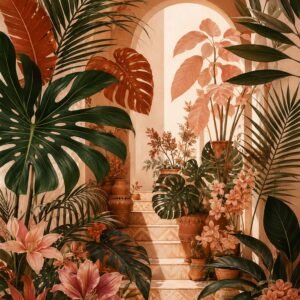 Affiche représentant un jardin tropical avec des plantes et des fleurs
