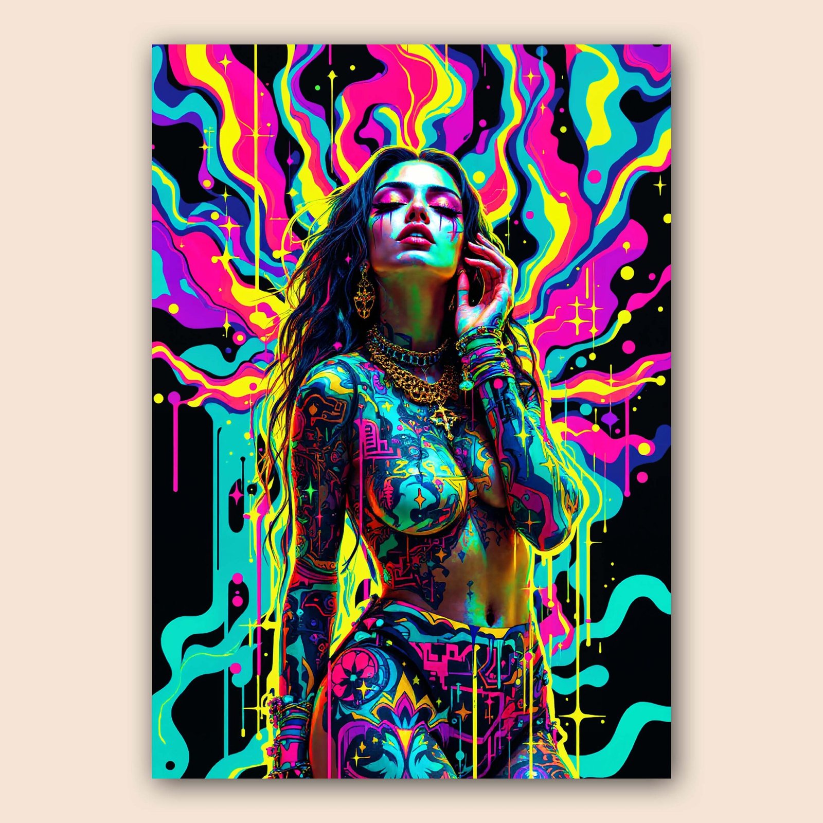 Affiche murale d'une femme tatouée dans un style psychédélique
