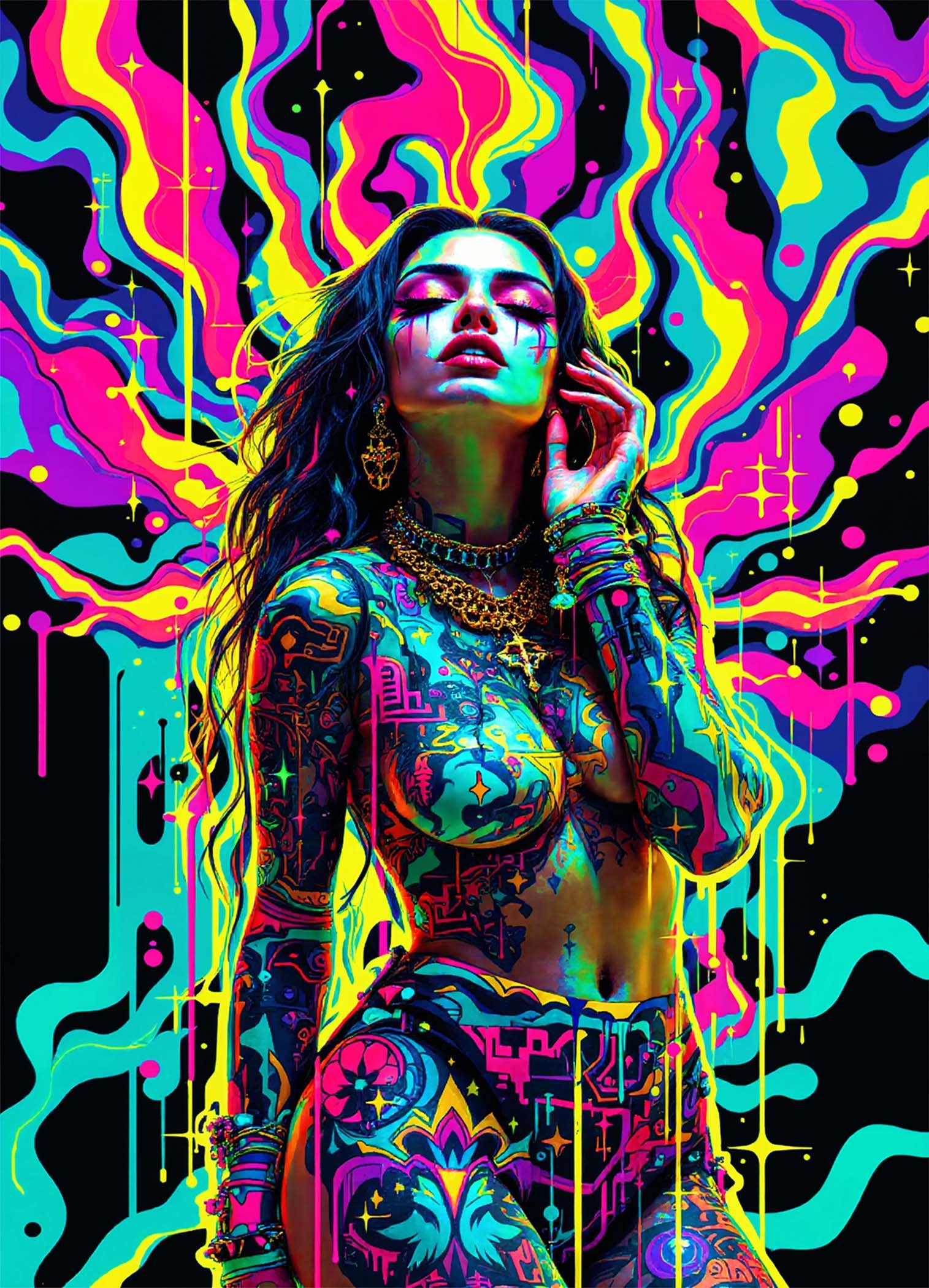 Affiche murale d'une femme tatouée dans un style psychédélique