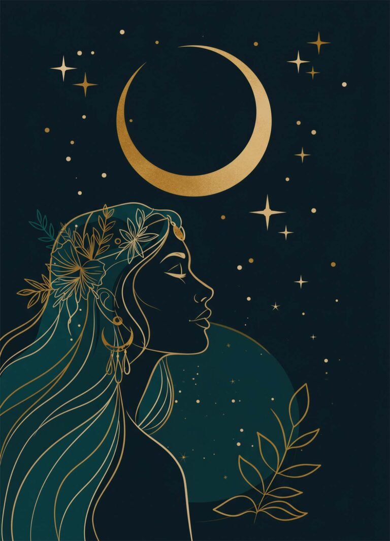 Affiche représentant profil de femme en lignes dorées regardant un croissant de lune sous un ciel bleu nuit étoilé avec feuillages