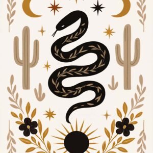 Affiche murale d'un serpent avec des motifs floraux et des cactus