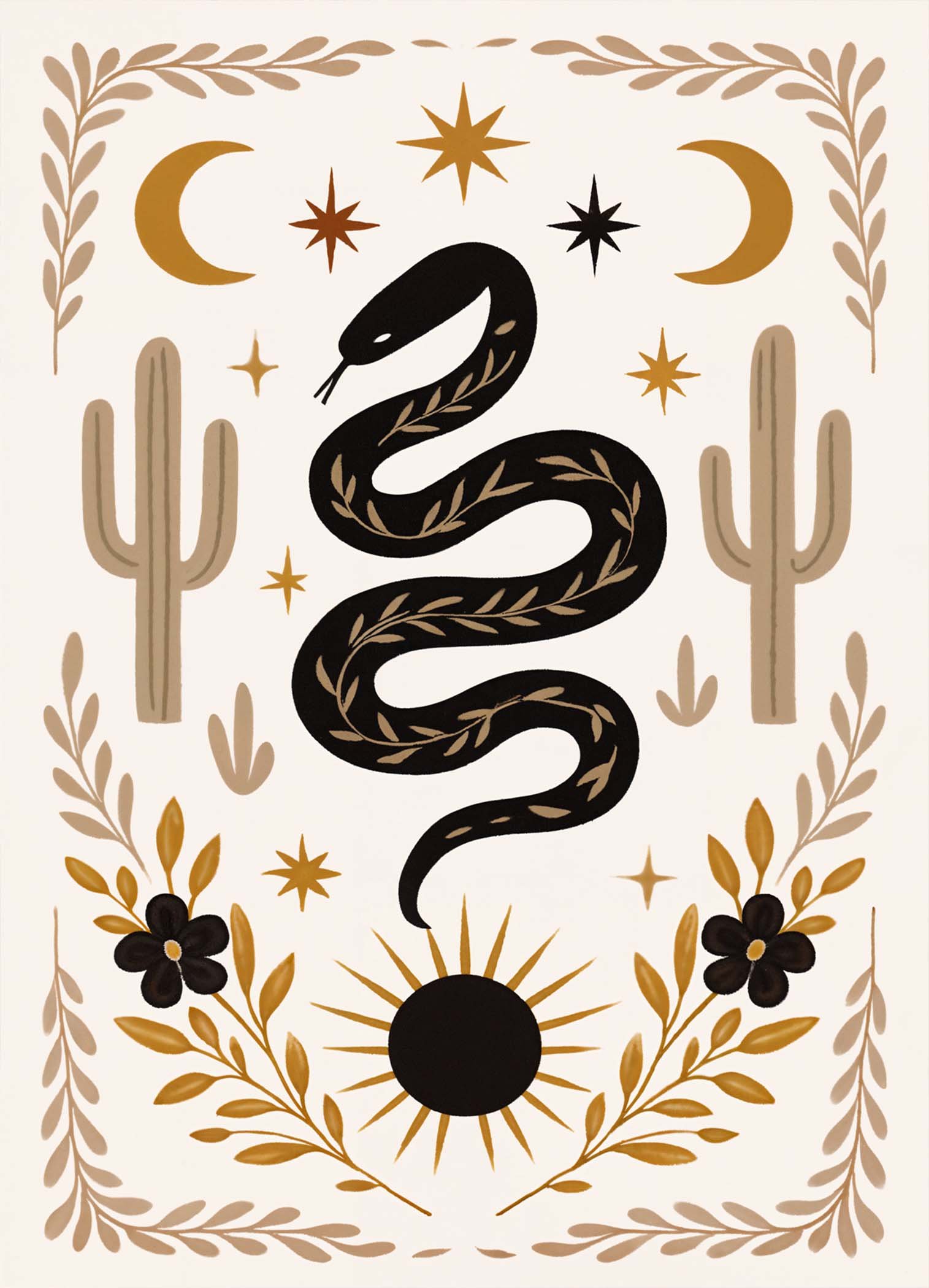 Affiche murale d'un serpent avec des motifs floraux et des cactus