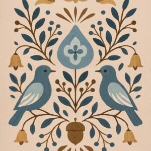 Affiche murale représentant des oiseaux bleus et des motifs floraux