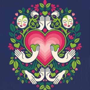 Affiche représentant un cœur entouré de mains et de fleurs