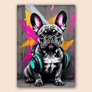 Affiche d'un Bulldog avec des écouteurs dans un style street art