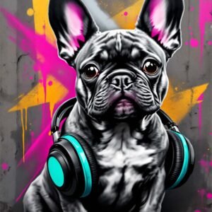 Affiche d'un Bulldog avec des écouteurs dans un style street art