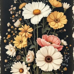 Affiche murale de fleurs vintage sur fond noir