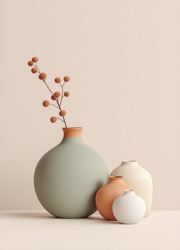 Affiche représentant quatre vases minimalistes beige, vert sauge, terracotta et blanc avec une branche fine sur fond crème