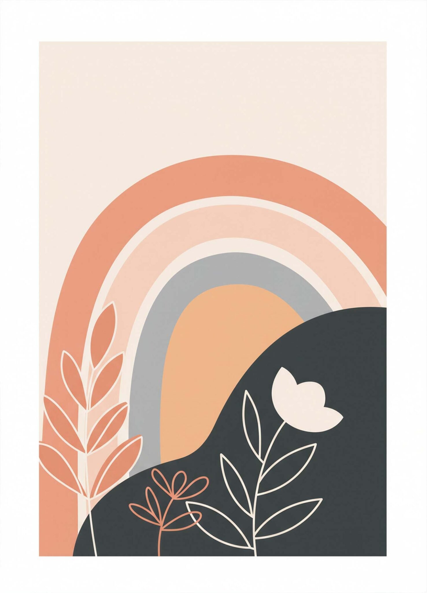 Affiche représentant arc-en-ciel abstrait rose, terracotta, gris et noir avec feuillages fins et petites fleurs blanches