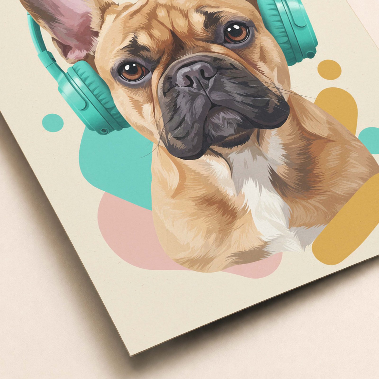 Détail de l'affiche d'un chien avec écouteurs